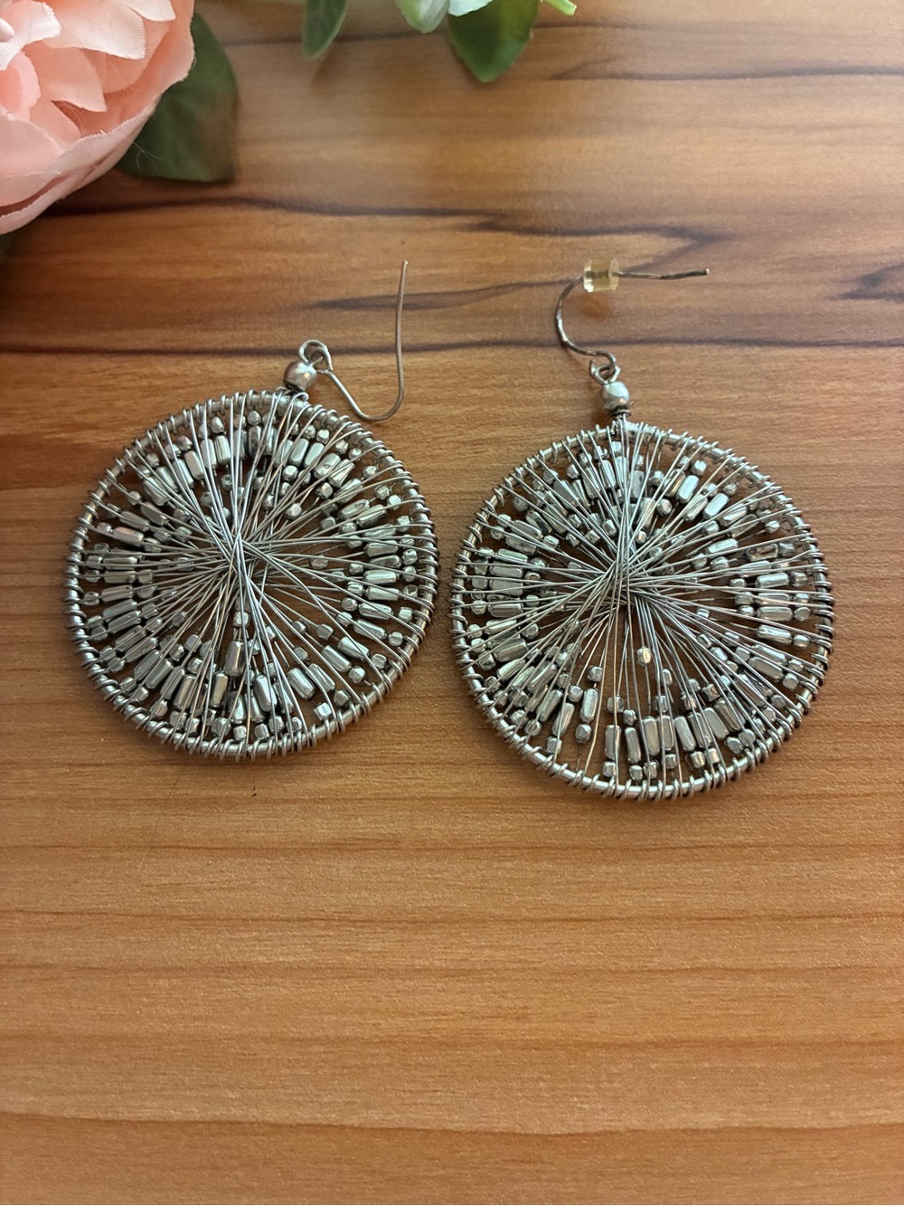 Silver Wire Bead Round Dangle Earrings